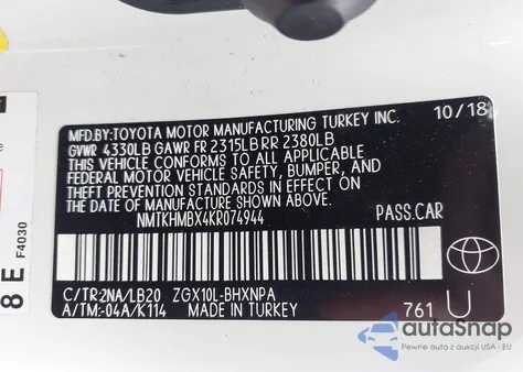 2019 Toyota C-Hr Limited из США, поврежденный, VIN NMTKHMBX4KR074944